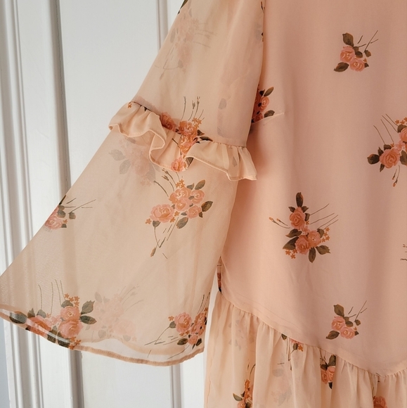Peach Floral Chiffon Ruffle Blouse 3/4 Sleeve - Picture 3 of 9